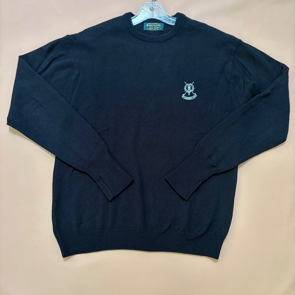 Peter Scott St Andrews Links Mens Black Pure New Wool Crewneck Sweater Size 42